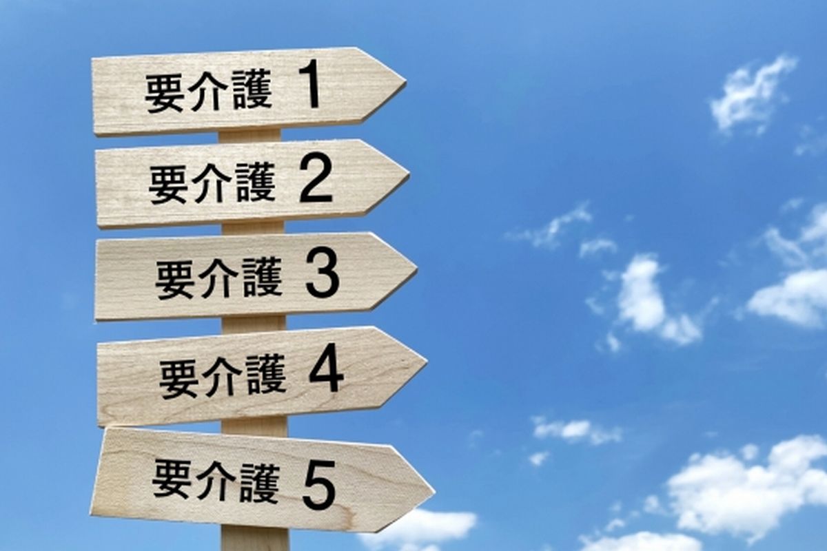 青空を背景に、要介護1から5までの矢印型標識が縦に並んで表示されている様子