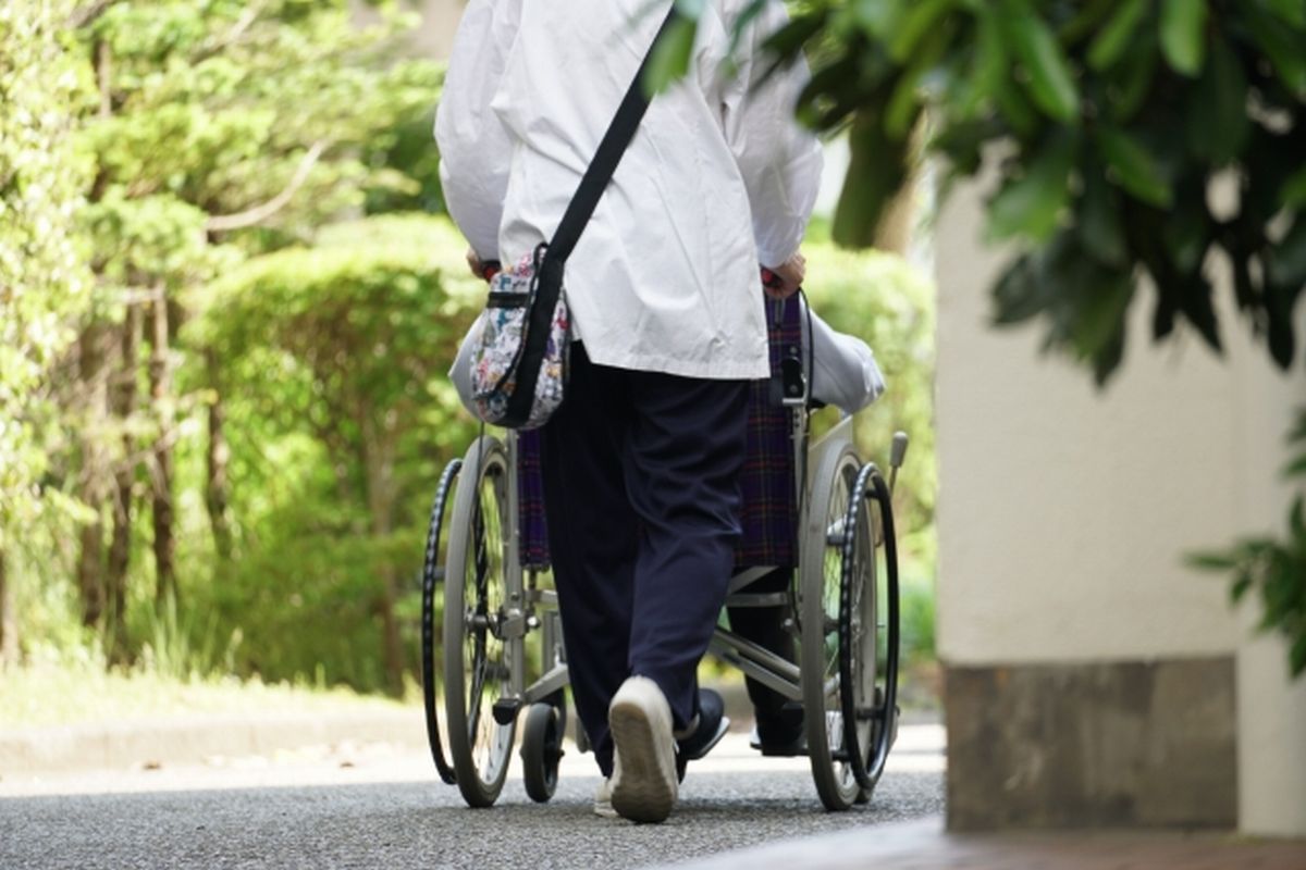 車いすを押す介護者と高齢者の後ろ姿